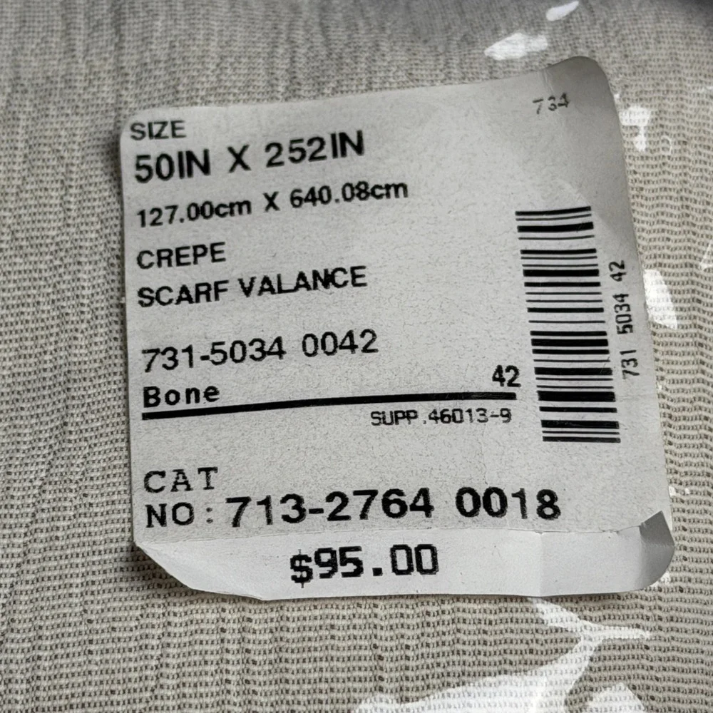Crepe Scarf Valance Bone 50 x 252 Textured Window Treatment 731-5034 0042 NEW